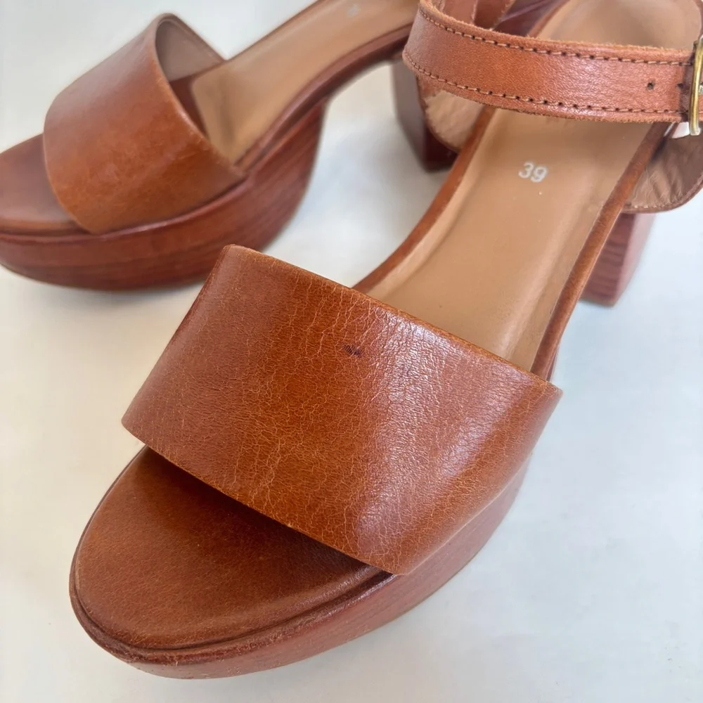 Fortress of Inca Hannah Sandals Tan Brown Block Heels Ankle Strap Leather 39 8.5